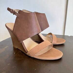 CL by Laundry Baja wedge pump sandals in taupe with beige snake print.